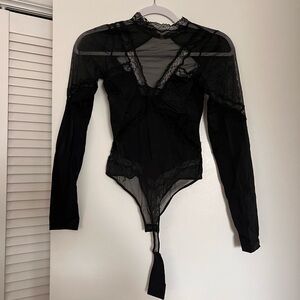 Thistle and Spire Black Lace Long-Sleeve Sheer Bodysuit